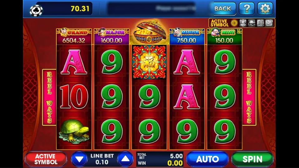 88 Fortune reels with GRAND 6504.32, MAJOR 1600.00, MINOR 750.00 and MINI 150.00 boxes above, a treasure bowl over reel 3, the red Fu wild and LINE BET 0.10 with TOTAL BET 5.00