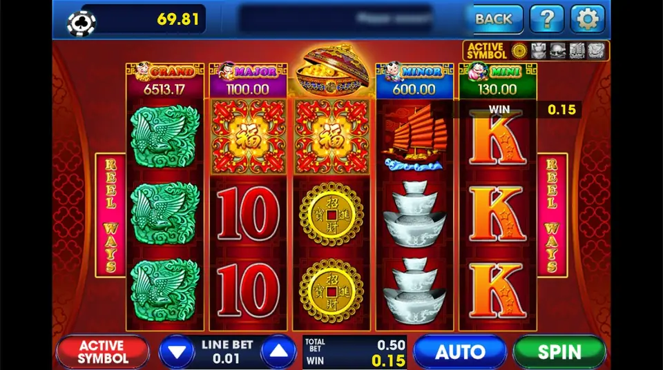 88 Fortune win of 0.15 with three jade phoenixes stacked on reel 1, two red Fu wilds, silver ingots, a junk and three orange Ks, LINE BET 0.01 and TOTAL BET 0.50