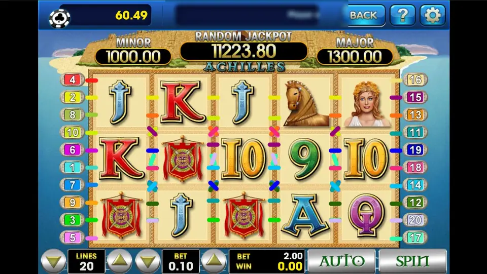 Achilles reels on cream tiles with a wooden horse and Helen on the top row, red banners and card letters below, MINOR 1000.00, RANDOM JACKPOT 11223.80 and MAJOR 1300.00 above, LINES 20 and BET 0.10