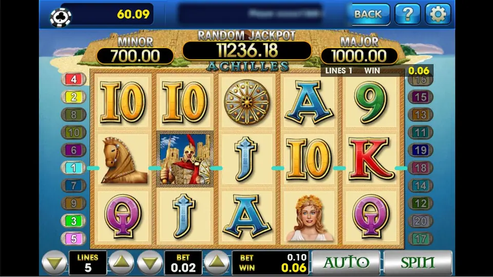 Achilles line win of 0.06 on line 1 with the Achilles wild on reel 2 between a wooden horse and a J, LINES 5 and BET 0.02