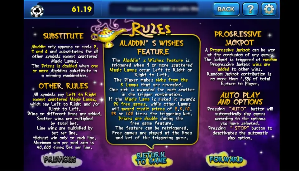 Aladdin's Wishes rules screen: Substitute, Other Rules, the Aladdin's Wishes Feature, Progressive Jackpot and Auto Play panels