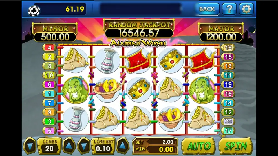 Aladdin's Wishes reels with a grinning green genie on reels 1 and 5, a vase, fruit bowl, gold crown, red slippers and bags of gold, MINOR 500.00, RANDOM JACKPOT 16546.57 and MAJOR 1200.00 above
