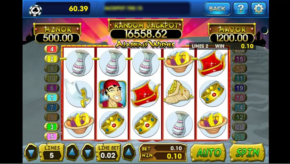 Aladdin's Wishes line win of 0.10 on line 2 with three white vases across the top of reels 1 to 3, Aladdin in his red bandana just below on reel 2, LINES 5 and LINE BET 0.02