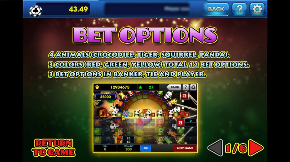 Animal Circus help page 1 of 6, titled BET OPTIONS, listing 4 animals, 3 colours for 12 bet options and 3 bet options in Banker, Tie and Player