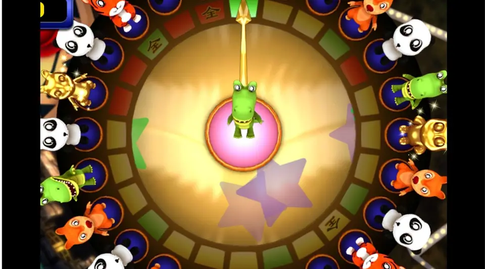 Animal Circus result: the gold pointer stops on a green crocodile standing on the pink centre of the wheel