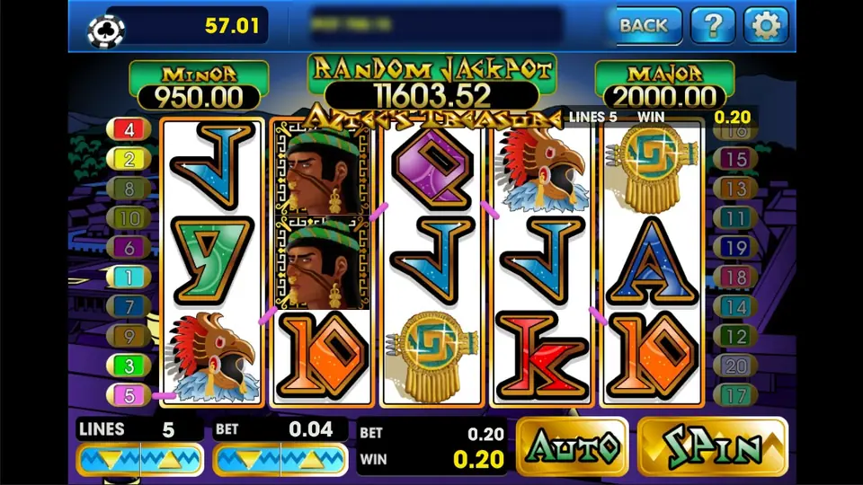 Aztec's Treasure reels over a purple jungle city with two stacked Aztec King wilds on reel 2, eagle-warrior heads on reels 1 and 4, gold ornaments, LINES 5 and BET 0.04, MINOR 950.00, RANDOM JACKPOT 11603.52 and MAJOR 2000.00