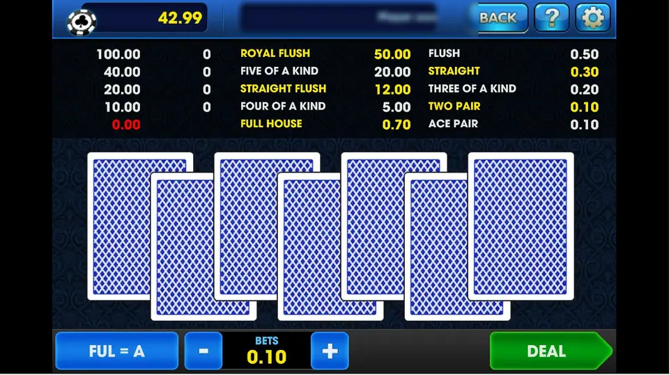 Bola Tangkas before the deal: seven face-down blue cards, a pay table from ROYAL FLUSH 50.00 to ACE PAIR 0.10, FUL = A on the left, BETS 0.10 and a green DEAL button