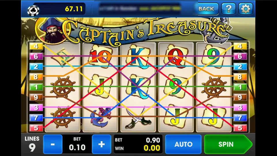 Captain's Treasure with all 9 coloured paylines over parchment reels: ship's wheels on reels 1 and 5, an anchor, crossed swords and card letters, the bearded captain in the logo, LINES 9 and BET 0.10 for 0.90