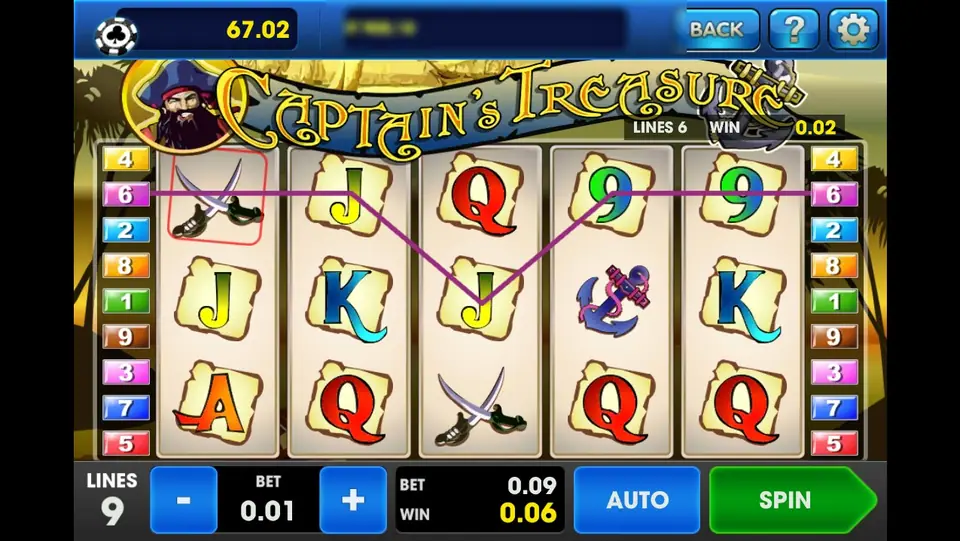 Captain's Treasure with a win of 0.06 at LINES 9 and BET 0.01: a single crossed-swords symbol boxed in red on reel 1 with line 6 drawn across J, J, 9 and 9