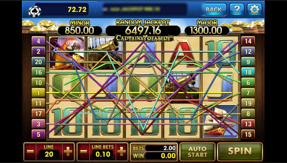 Captain's Treasure Pro with all 20 paylines drawn, LINE 20 and LINE BETS 0.10 for BETS 2.00, MINOR 850.00, RANDOM JACKPOT 6497.16 and MAJOR 1300.00