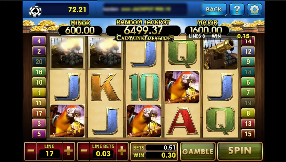 Captain's Treasure Pro after a 0.30 win: smoking cannons on reels 1 and 2, a brass cannon on reel 5, red and yellow parrots on reels 1, 3 and 4, LINE 17, LINE BETS 0.03, BETS 0.51 and a GAMBLE button