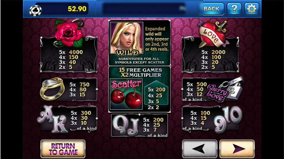 Cherry Love paytable: rose 4,000, dagger heart 2,000, ring 750, keychain and lighter 500, card letters, the blonde wild for reels 2 to 4 and the cherry scatter with 15 free games and a x2 multiplier