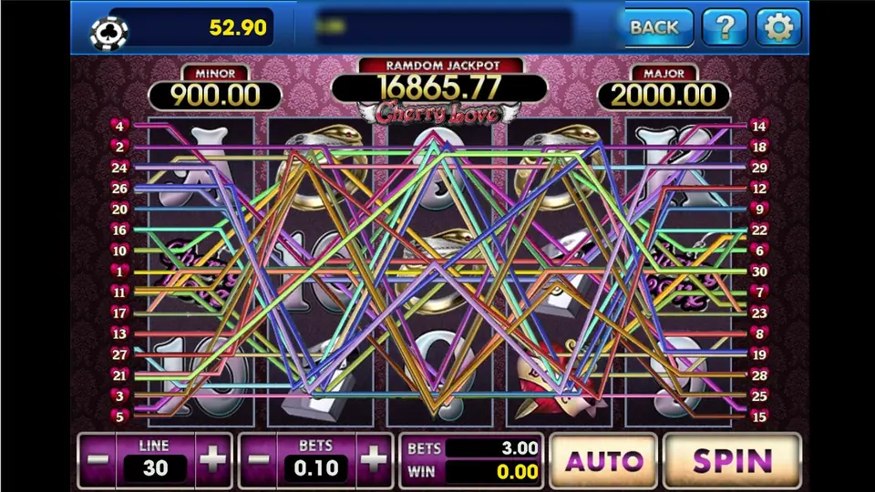 Cherry Love with all 30 paylines drawn across the reels, RAMDOM JACKPOT 16865.77, MINOR 900.00 and MAJOR 2000.00, LINE 30 and BETS 0.10 for 3.00