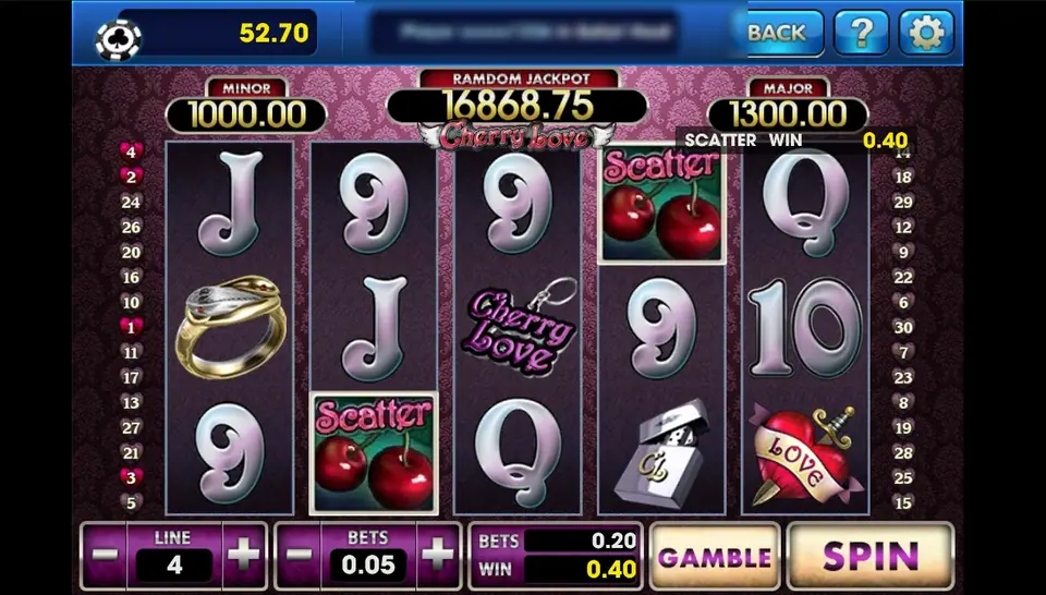 Cherry Love scatter win of 0.40 with cherry scatters on reels 2 and 4, a gold ring, a Cherry Love keychain, a silver lighter and a dagger-through-heart LOVE symbol on silver reels, LINE 4, BETS 0.05 and a GAMBLE button