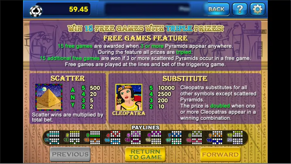 Cleopatra's Gold rules: WIN 15 FREE GAMES WITH TRIPLE PRIZES, the pyramid scatter paying 2, 5, 20 and 500, the Cleopatra substitute paying 10 to 10,000, and 20 payline diagrams