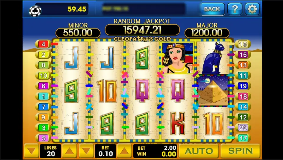 Cleopatra's Gold reels on sandstone with Cleopatra on reel 4, a black cat statue and a pyramid scatter on reel 5, blue and green card letters, MINOR 550.00, RANDOM JACKPOT 15947.21 and MAJOR 1200.00, LINES 20 and BET 0.10