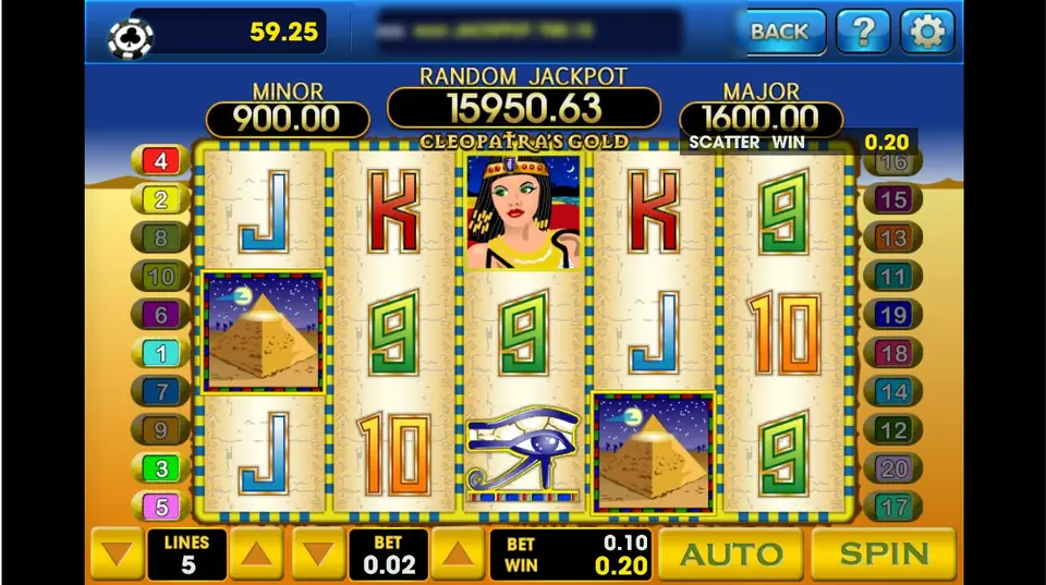 Cleopatra's Gold scatter win of 0.20 with pyramids on reels 1 and 4, Cleopatra on reel 3, an Eye of Horus below her, LINES 5 and BET 0.02
