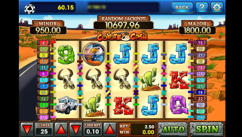Coyote Cash reels on a desert highway with three cow skulls across the middle row, an eagle sheriff badge on reel 2, cacti, an armoured truck and wooden card letters, MINOR 950.00, RANDOM JACKPOT 10697.96 and MAJOR 1800.00, LINES 25 and LINE BET 0.10