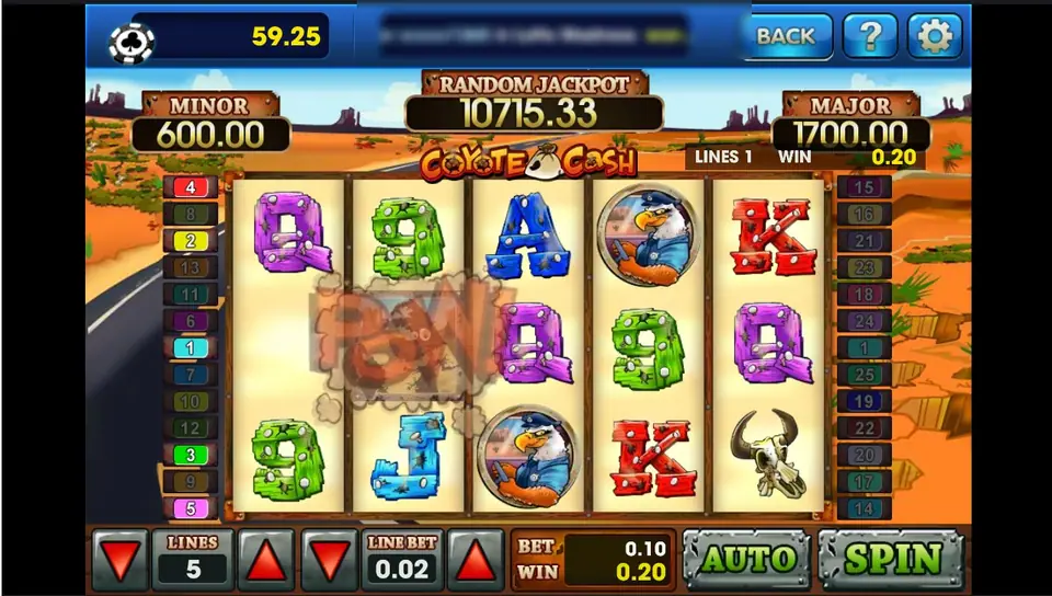 Coyote Cash win of 0.20 at LINES 5 and LINE BET 0.02, with a dusty POW cloud over reel 2, eagle sheriffs on reels 3 and 4 and wooden card letters