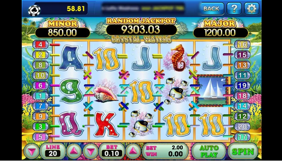 Crystal Waters reels in a coral frame with a seahorse, a conch shell and a school of striped fish, a sailing yacht scatter on reel 5, pale card letters, MINOR 850.00, RANDOM JACKPOT 9303.03 and MAJOR 1200.00, LINE 20 and BET 0.10