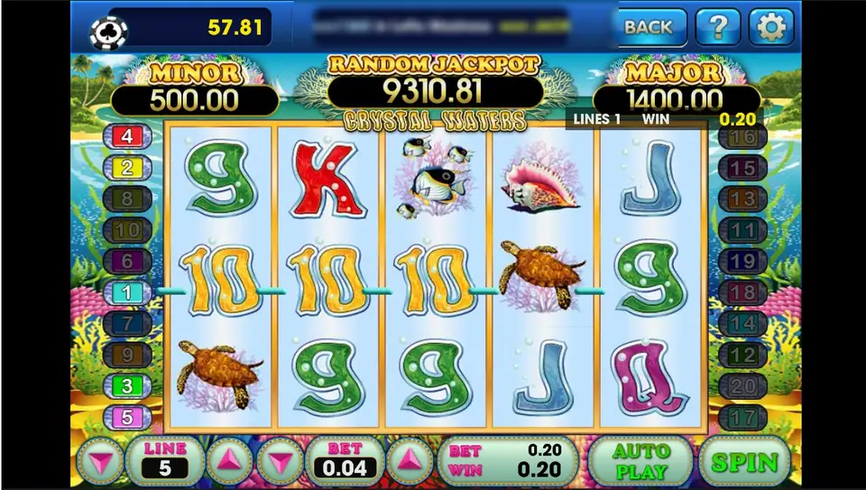 Crystal Waters line win of 0.20 on line 1: three gold 10s across reels 1 to 3 and a turtle on reel 4, LINE 5 and BET 0.04