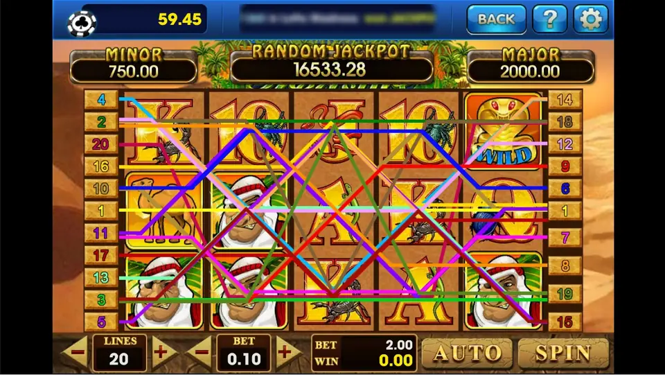 Desert Treasure with all 20 paylines drawn in different colours across the reels, LINES 20, BET 0.10, total BET 2.00, and MINOR 750.00, RANDOM JACKPOT 16,533.28 and MAJOR 2,000.00 above