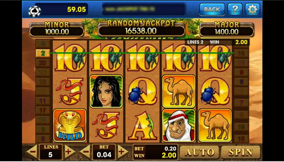 Desert Treasure with five gold 10s across the top row on line 2 paying 2.00, a cobra WILD on reel 1, camels, a Bedouin, the scatter woman, scarabs and snakes, LINES 5 and BET 0.04