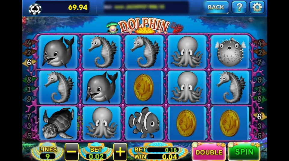 Dolphin after a win of 0.04: the whole reel set turned grey except three gold coins, with BET 0.02 on 9 lines for 0.18 and a pink DOUBLE button