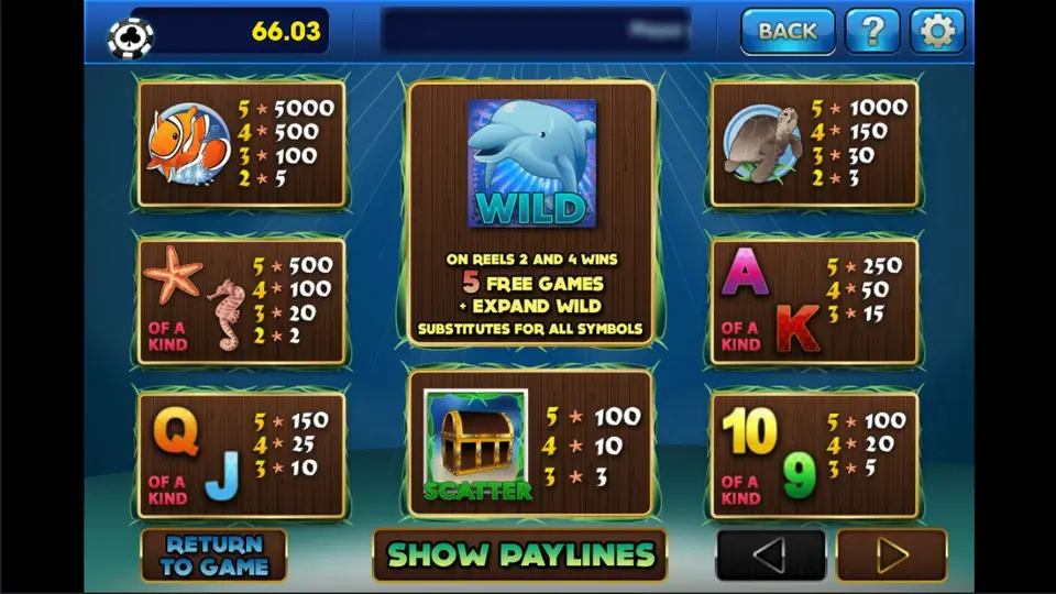 Dolphin Reef paytable: clownfish 5,000 for five, sea turtle 1,000, starfish and seahorse 500, A and K 250, Q and J 150, 10 and 9 100, treasure chest SCATTER 100, and the dolphin WILD box reading On reels 2 and 4 wins 5 free games plus expand wild, substitutes for all symbols