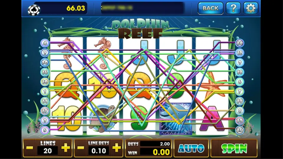 Dolphin Reef with all 20 paylines drawn across the reels, LINES 20, LINE BETS 0.10, BETS 2.00, and a dolphin wild on reel 4