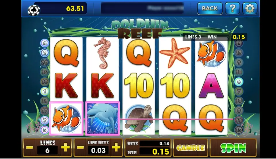 Dolphin Reef paying 0.15 on line 3: a clownfish on reel 1 and a dolphin wild on reel 2 outlined in pink, with seahorse, starfish, turtle and Q, K, 10 and A symbols, LINES 6, LINE BETS 0.03 and a GAMBLE button