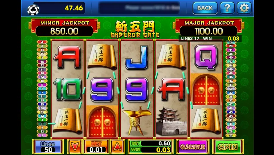Emperor Gate with Lines 50 and BET 0.01, a small win of 0.03 on line 17, scrolls on reels 1, 2, 4 and 5, gate scatters on reels 2 and 5, a fortress tower and a gold cup, and a GAMBLE button