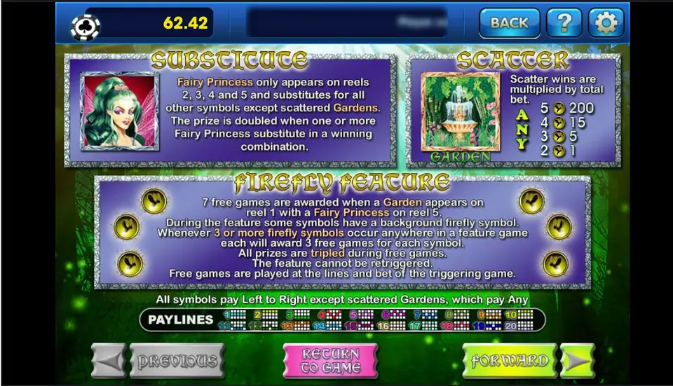 Enchanted Garden paytable page: the Fairy Princess SUBSTITUTE rules, the Garden SCATTER paying 200, 15, 5 and 1 times total bet, and the FIREFLY FEATURE rules for 7 free games with tripled prizes, above a row of 20 payline diagrams