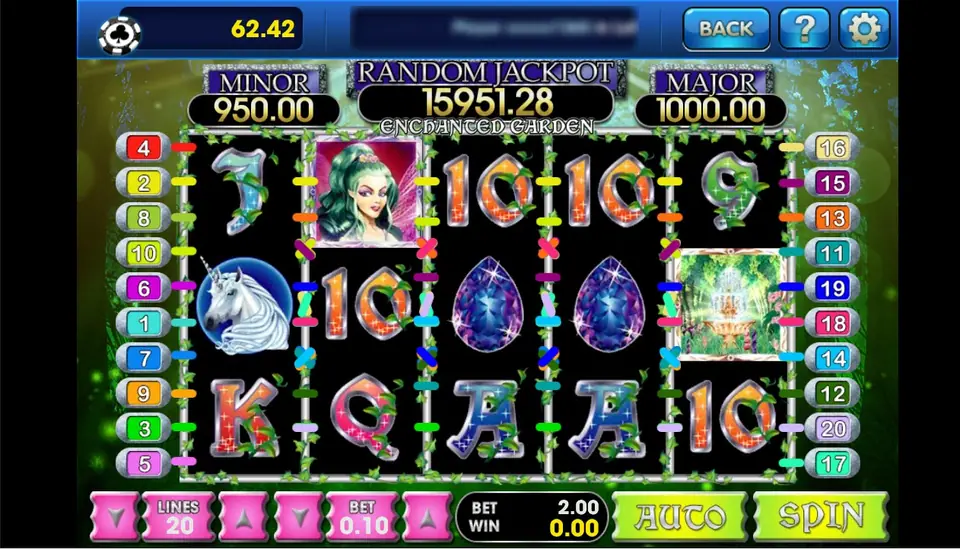 Enchanted Garden reels framed in green vines, with a green-haired Fairy Princess on reel 2, a unicorn on reel 1, sapphire gems, a Garden fountain on reel 5 and vine-wrapped 10, Q, A and K, MINOR 950.00, RANDOM JACKPOT 15,951.28 and MAJOR 1000.00, LINES 20 and BET 0.10