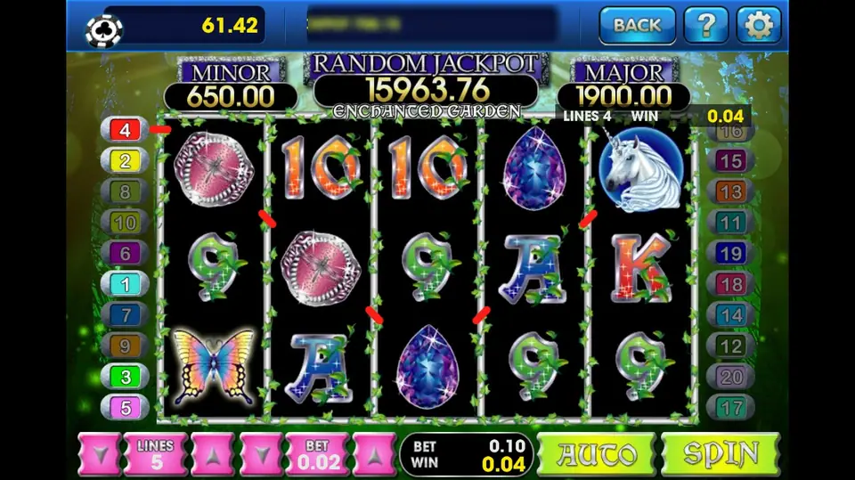 Enchanted Garden paying 0.04 on line 4 with two pink dragonfly jewels on reels 1 and 2, a unicorn, a butterfly and sapphires, LINES 5 and BET 0.02, and MINOR 650.00 and MAJOR 1900.00