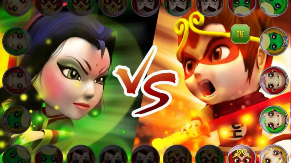 3Win8 game art: a cartoon demon woman with green eyes facing a young Monkey King with a gold headband across a big red VS, ringed with round character tokens and a TIE chip
