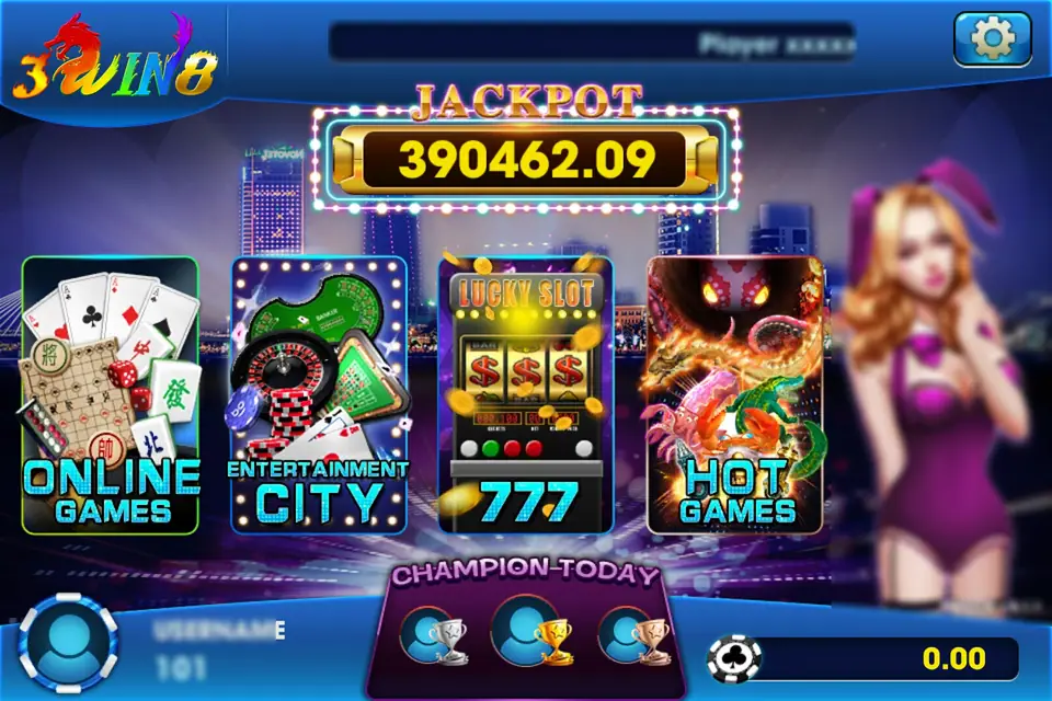 3Win8 lobby: the rainbow 3Win8 dragon logo top left, a JACKPOT box at 390,462.09, four tiles for ONLINE GAMES, ENTERTAINMENT CITY, 777 and HOT GAMES, a CHAMPION TODAY podium, VERSION = 5.1.1 and a balance of 0.00, with the player ticker, username and mascot blurred