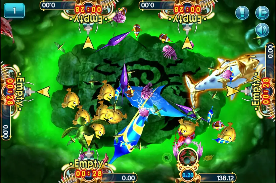 3Win8 fish-shooting game: a green reef table with golden pufferfish, clownfish, a swordfish, a manta ray, a turtle and a golden shark, four cannon seats marked Empty with 00:28 timers, and a player cannon set to 0.20 with 138.12 credit