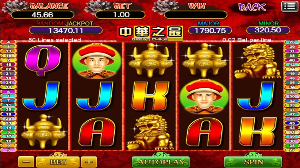 Great China reels with a young emperor in a red hat on reels 2 and 4, gold incense cauldrons and guardian lions, 50 Lines selected, 0.02 Bet per line and BET 1.00