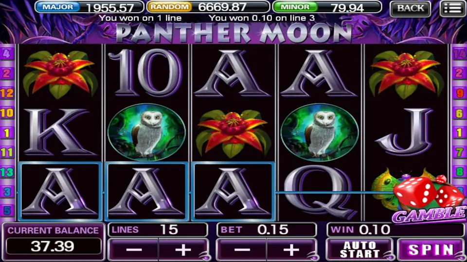 Three silver A symbols on the bottom row paying 0.10 on line 3, with two owls and red flowers above and a GAMBLE button with dice bottom right