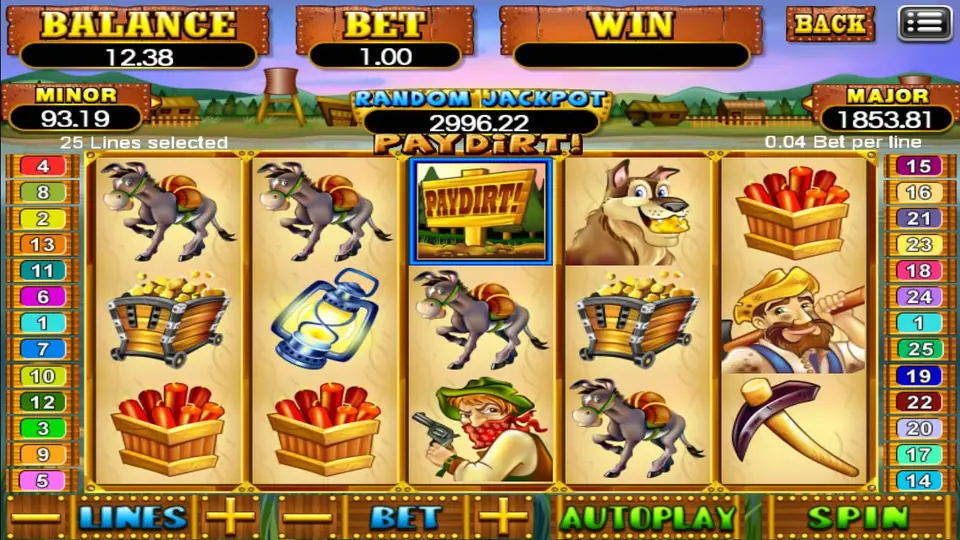 Paydirt reels: pack donkeys, a gold ore cart, crates of dynamite, a lantern, a PAYDIRT signpost, a dog, a prospector with a pickaxe and a bandit with a revolver, 25 Lines selected and 0.04 Bet per line