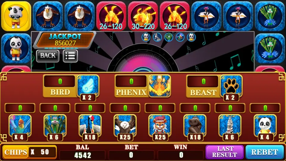 Phoenix bet board with BIRD x2, PHENIX and BEAST x2 boxes above eight animal bets from parrot x4 to eagle x25, CHIPS x 50, BAL 4542, LAST RESULT and REBET