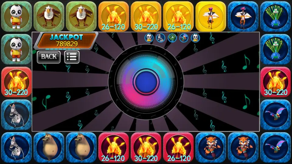 Phoenix ring of animal tiles around a glowing blue and pink disc, with fire phoenix tiles marked 26-120 and 30-220 in the top and bottom rows and a JACKPOT counter of 789829
