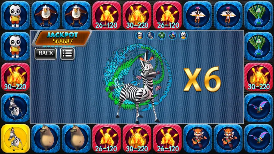 A zebra result on the Phoenix wheel: the zebra appears large in the centre with X6 beside it, and the zebra tile lit in the bottom-left corner of the ring