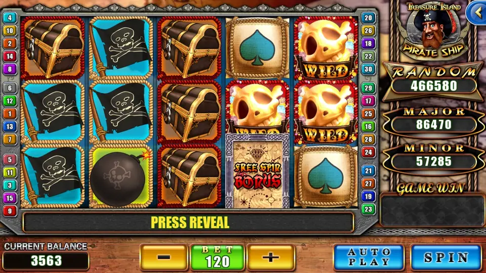 Pirate Ship reels with treasure chests on reel 3, black skull flags on reels 1 and 2, golden skull WILD symbols on reels 4 and 5, a FREE SPIN BONUS scroll and PRESS REVEAL on the message bar, BET 120