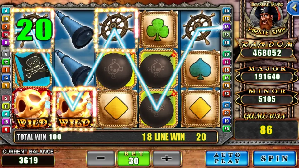 Pirate Ship win of 20 on line 18: ship's wheels and golden skull WILD symbols highlighted in a zigzag, TOTAL WIN 100, GAME WIN 86 and BET 30