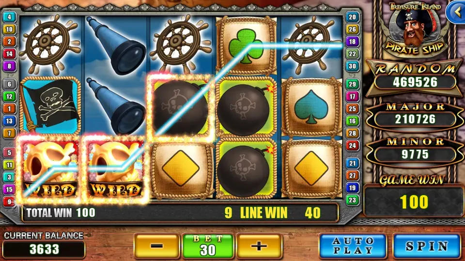 The same spin showing line 9: two skull WILD symbols and three cannonballs on a line winning 40, GAME WIN 100