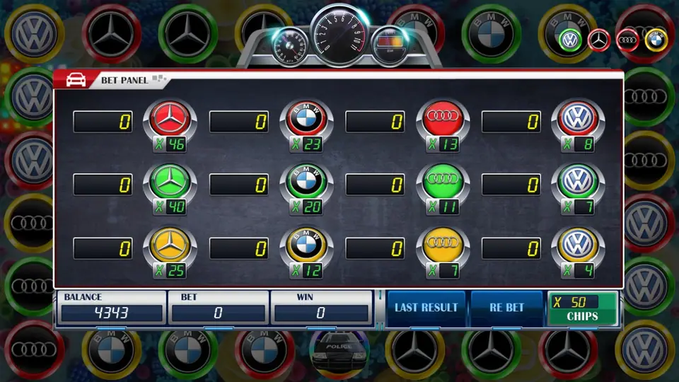 Racing Car BET PANEL with four car badges in red, green and yellow rows and multipliers from X4 to X46, BALANCE 4343, BET 0, WIN 0, LAST RESULT, RE BET and CHIPS X 50