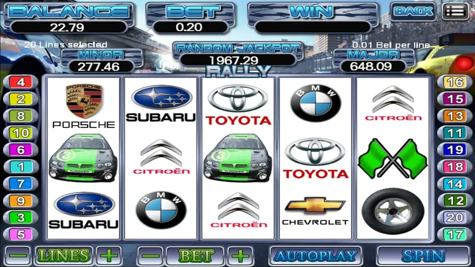 Rally reels on white panels: Porsche, Subaru, Toyota, BMW, Citroen and Chevrolet badges, a green number 3 rally car on reels 1 and 3, crossed green flags and a tyre, 20 Lines selected, BET 0.20