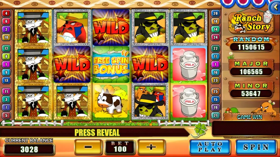 Ranch Story reels: a wolf in a black hat stacked on reel 1, WILD symbols on reels 2, 3 and 4, a FREE SPIN BONUS tile, a cow, milk cans and a gangster toad in sunglasses, PRESS REVEAL on the message bar, BET 100
